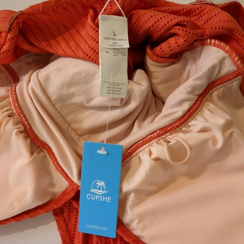 Cupshe Women's One Piece Swimsuit Plunge Ruffled Tummy Orange NWT , Size L